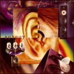 Airbrushed illustration titled 'Perception of Sound.' A collage mural featuring a close-up of a human ear surrounded by speakers, soundwaves, and geometric audio components