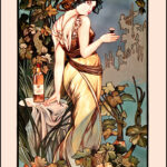Acrylic reproduction of Alphonse Mucha's Art Nouveau poster for Cognac Bisquit. A woman in flowing robes stands within a lush vineyard, holding a small glass of cognac and leaning on a table with a bottle.