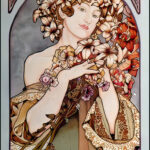 Acrylic reproduction in the Alphonse Mucha Art Nouveau style. A woman is shown in an archway, holding and surrounded by a profusion of lilies and flowers, set against a muted background.
