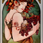 Acrylic reproduction of Alphonse Mucha's Art Nouveau panel 'Fruit.' A woman is depicted holding a generous, overflowing cluster of red grapes and other fruit.