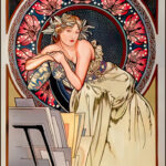 Acrylic reproduction of an Alphonse Mucha Art Nouveau poster, 'La Plume,' depicting a woman with flowing robes and a floral halo framed by decorative, geometric patterns.
