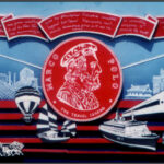 Three-dimensional mural for Marco Polo Travels. A layered, high-contrast red and blue design featuring the profile of Marco Polo surrounded by global landmarks, various modes of transportation, and travel quotes.