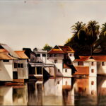 An oil color study depicting simple, traditional rural houses with rust-colored roofs lining a still body of water, capturing the buildings and palm trees reflected in the surface.