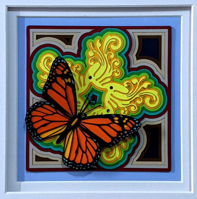 Sweet Monarch. Media: layered and glued laser cut card stock.