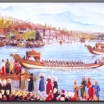 Large oil on canvas mural depicting the grand arrival of a 16th-century Ottoman monarch by ornate galley ship, with soldiers and attendants lining the harbor shore.