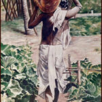 Traditional oil painting of a man walking away down a dirt path, carrying a large, dry gourd on his head, harvested for a traditional Indian musical instrument.