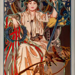 Acrylic reproduction of Alphonse Mucha's poster, 'Song and Music Feast, Spring 1914 in Prague.' A woman is seated, holding a garland and surrounded by stylized trees and sparrows.