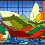 Stained mirror mural titled 'Futuristic Sanctuary.' A colorful, panoramic, futuristic landscape depicting lush terrain, a bridge, waterfalls, and a stylized tower, all bordered by dark vertical trees.