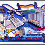 Corporate mural for West Coast Industries. A colorful, assembled 3D cutout collage depicting global maps, shipping containers, airplanes, textiles, and the company's facilities, symbolizing international garment export.